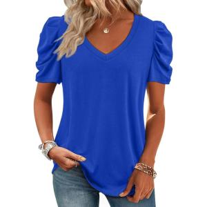 imageATHMILE Womens Blouse Dressy Casual V Neck Puff Short Sleeve Tshirts Boho Fashion Summer Spring Tunic Top ClothesRoyal Blue