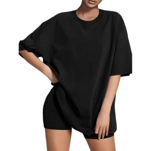 imageATHMILE Womens Oversized T Shirts Loose Fit Crewneck Short Sleeve Tops Summer Casual Blouse Y2K Basic Tee 2023Black