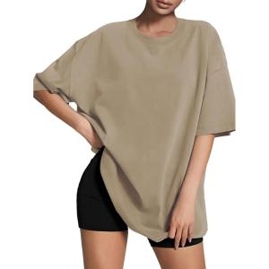 imageATHMILE Womens Oversized T Shirts Loose Fit Crewneck Short Sleeve Tops Summer Casual Blouse Y2K Basic Tee 2023Khaki