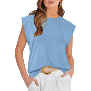 imageATHMILE Womens Sleeveless Summer Tank Tops Casual Trendy T Shirts Basic Trendy Cap Sleeve Oversized TeeBlue