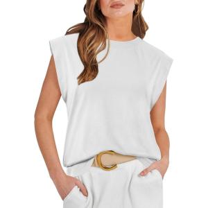imageATHMILE Womens Sleeveless Summer Tank Tops Casual Trendy T Shirts Basic Trendy Cap Sleeve Oversized TeeWhite