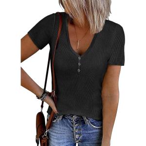 imageATHMILE Womens Summer Short Sleeve V Neck Ribbed Knit Button Tunic Henley Solid Color Trendy BasicTeeBlack