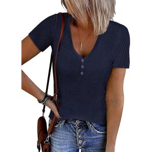 imageATHMILE Womens Summer Short Sleeve V Neck Ribbed Knit Button Tunic Henley Solid Color Trendy BasicTeeNavy