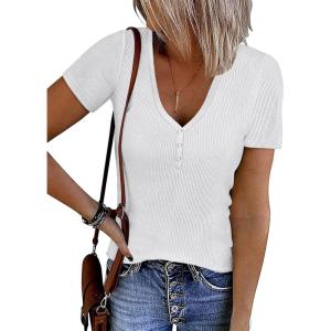 imageATHMILE Womens Summer Short Sleeve V Neck Ribbed Knit Button Tunic Henley Solid Color Trendy BasicTeeWhite