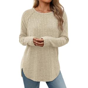 imageATHMILE Long Sleeve Shirts for Women Tunic Fall Tops Loose Fit Dressy Crew Neck Basic Sweaters 2025Apricot