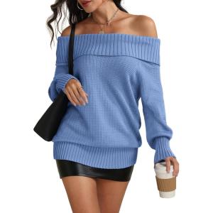 imageATHMILE Off The Shoulder Sweaters for Women Fall Outfits 2025 Fashion Long Sleeve Oversized Chunky Knit Pullover SweaterBlue
