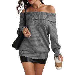 imageATHMILE Off The Shoulder Sweaters for Women Fall Outfits 2025 Fashion Long Sleeve Oversized Chunky Knit Pullover SweaterGrey