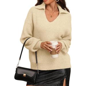 imageATHMILE Sweaters for Women Fall Outfits 2025 Fashion Oversized V Neck Lapel Collar Knit Polo Shirts Pullover Sweater TopsApricot