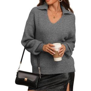 imageATHMILE Sweaters for Women Fall Outfits 2025 Fashion Oversized V Neck Lapel Collar Knit Polo Shirts Pullover Sweater TopsGrey
