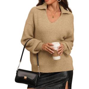 imageATHMILE Sweaters for Women Fall Outfits 2025 Fashion Oversized V Neck Lapel Collar Knit Polo Shirts Pullover Sweater TopsLight Brown