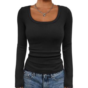 imageATHMILE Womens Long Sleeve Tops Fall Scoop Neck Ribbed Knit Shirts Slim Fitted Casual Basic Tee T Shirt for Women 2025Ablack