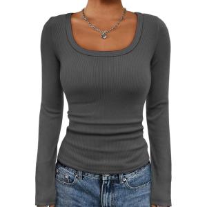 imageATHMILE Womens Long Sleeve Tops Fall Scoop Neck Ribbed Knit Shirts Slim Fitted Casual Basic Tee T Shirt for Women 2025Adark Gray