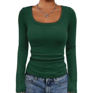imageATHMILE Womens Long Sleeve Tops Fall Scoop Neck Ribbed Knit Shirts Slim Fitted Casual Basic Tee T Shirt for Women 2025Adark Green
