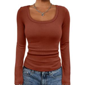 imageATHMILE Womens Long Sleeve Tops Fall Scoop Neck Ribbed Knit Shirts Slim Fitted Casual Basic Tee T Shirt for Women 2025Adark Orange