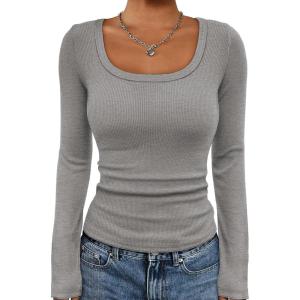 imageATHMILE Womens Long Sleeve Tops Fall Scoop Neck Ribbed Knit Shirts Slim Fitted Casual Basic Tee T Shirt for Women 2025Aheather Grey