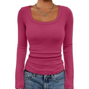 imageATHMILE Womens Long Sleeve Tops Fall Scoop Neck Ribbed Knit Shirts Slim Fitted Casual Basic Tee T Shirt for Women 2025Ahot Pink