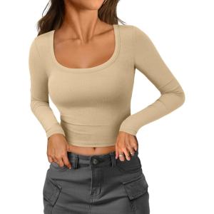 imageATHMILE Womens Long Sleeve Tops Fall Scoop Neck Ribbed Knit Shirts Slim Fitted Casual Basic Tee T Shirt for Women 2025Blight Beige