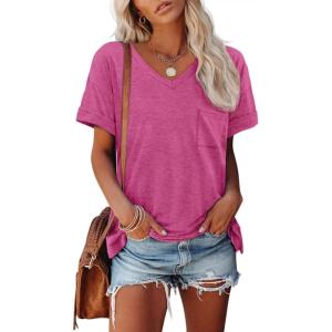 imageATHMILE Womens T Shirts 2025 Short Sleeve VNeck Shirts Cute Fit Summer Casual Tee Tops S3XL BeachHot Pink