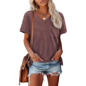 imageATHMILE Womens T Shirts 2025 Short Sleeve VNeck Shirts Cute Fit Summer Casual Tee Tops S3XL BeachWine Red