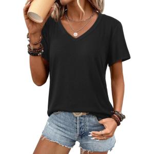 imageATHMILE Womens V Neck Short Sleeve Summer T Shirts Curved Hem Plain Top BeachBlack
