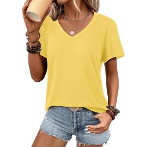 imageATHMILE Womens V Neck Short Sleeve Summer T Shirts Curved Hem Plain Top BeachLemon