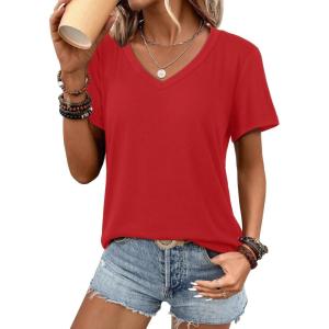 imageATHMILE Womens V Neck Short Sleeve Summer T Shirts Curved Hem Plain Top BeachRed