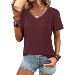 imageATHMILE Womens V Neck Short Sleeve Summer T Shirts Curved Hem Plain Top BeachWinered