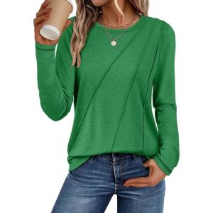 imageATHMILE Womens Long Sleeve Shirts Pleated Crew Neck Casual Fall Fashion Tops Loose Fit Lightweight Girls Outfits ClothesGreen