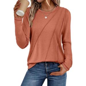 imageATHMILE Womens Long Sleeve Shirts Pleated Crew Neck Casual Fall Fashion Tops Loose Fit Lightweight Girls Outfits ClothesRust