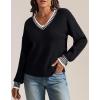 imageATHMILE Womens Sweaters V Neck Long Sleeve Contrast Knit Casual Pullover Fall Winter Outfits Cute Tops 2025Black