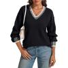 imageATHMILE Womens Sweaters V Neck Long Sleeve Contrast Knit Casual Pullover Fall Winter Outfits Cute Tops 2025Black