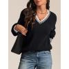 imageATHMILE Womens Sweaters V Neck Long Sleeve Contrast Knit Casual Pullover Fall Winter Outfits Cute Tops 2025Black