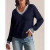 imageATHMILE Womens Sweaters V Neck Long Sleeve Contrast Knit Casual Pullover Fall Winter Outfits Cute Tops 2025Navy Blue