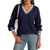 imageATHMILE Womens Sweaters V Neck Long Sleeve Contrast Knit Casual Pullover Fall Winter Outfits Cute Tops 2025Navy Blue
