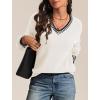 imageATHMILE Womens Sweaters V Neck Long Sleeve Contrast Knit Casual Pullover Fall Winter Outfits Cute Tops 2025White