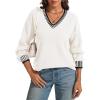 imageATHMILE Womens Sweaters V Neck Long Sleeve Contrast Knit Casual Pullover Fall Winter Outfits Cute Tops 2025White