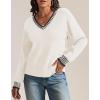 imageATHMILE Womens Sweaters V Neck Long Sleeve Contrast Knit Casual Pullover Fall Winter Outfits Cute Tops 2025White