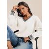 imageATHMILE Womens Sweaters V Neck Long Sleeve Contrast Knit Casual Pullover Fall Winter Outfits Cute Tops 2025White