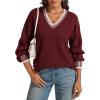 imageATHMILE Womens Sweaters V Neck Long Sleeve Contrast Knit Casual Pullover Fall Winter Outfits Cute Tops 2025Wine Red