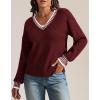 imageATHMILE Womens Sweaters V Neck Long Sleeve Contrast Knit Casual Pullover Fall Winter Outfits Cute Tops 2025Wine Red