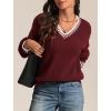 imageATHMILE Womens Sweaters V Neck Long Sleeve Contrast Knit Casual Pullover Fall Winter Outfits Cute Tops 2025Wine Red