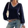 imageATHMILE Womens Sweaters V Neck Long Sleeve Contrast Knit Casual Pullover Fall Winter Outfits Cute Tops 2025Navy Blue