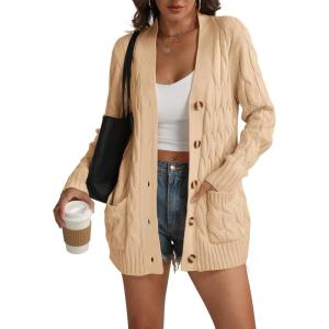 imageATHMILE Cardigan Sweaters for Women Fashion Open Front Cardigans 2025 Fall Outfits Womens Long Sleeve Cable Knit Button CoatsApricot