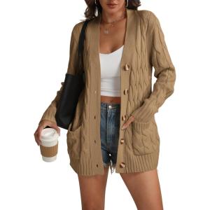 imageATHMILE Cardigan Sweaters for Women Fashion Open Front Cardigans 2025 Fall Outfits Womens Long Sleeve Cable Knit Button CoatsKhaki