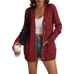 imageATHMILE Cardigan Sweaters for Women Fashion Open Front Cardigans 2025 Fall Outfits Womens Long Sleeve Cable Knit Button CoatsWine Red