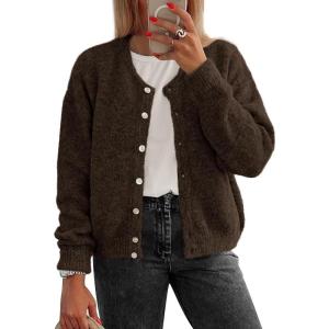 imageATHMILE Fall Long Sleeve Cardigans for Women Sweater Fashion Open Front Winter Button Down Crewneck Loose Knit Jacket 2025Chocolate Brown