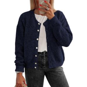 imageATHMILE Fall Long Sleeve Cardigans for Women Sweater Fashion Open Front Winter Button Down Crewneck Loose Knit Jacket 2025Navy Blue