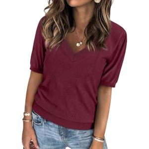 imageATHMILE Short Sleeve V Neck Sweaters Dressy Casual Blouses Lightweight Thin Knit Fashion Shirts Summer Tops for WomenWine