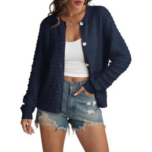 imageATHMILE Womens Cardigan Sweaters Casual Long Sleeve Button Down Crewneck Casual Knit Cropped Fall Winter Jackets ClothesDark Blue