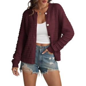 imageATHMILE Womens Cardigan Sweaters Casual Long Sleeve Button Down Crewneck Casual Knit Cropped Fall Winter Jackets ClothesWine Red